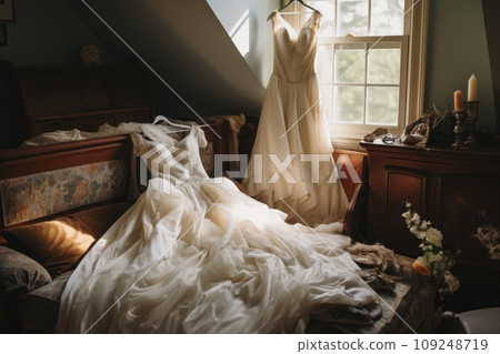 Wedding dress hangs on a hanger in the hotel interior 109248719