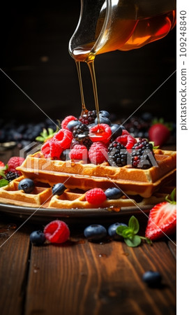 Belgian waffles with berries and honey Belgian waffles with berries and honey 109248840