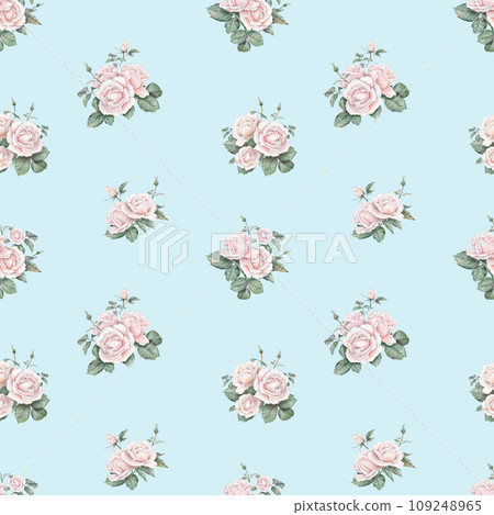 Ligth pink roses seamless pattern. Ligth cream roses arrangement. collection garden flowers and leaves. watercolor hand painting illustration on isolate background. For wedding invitations Ligth pink roses seamless pattern. Ligth cream roses arrangement. collection garden flowers and leaves. watercolor hand painting illustration on isolate background. For wedding invitations 109248965
