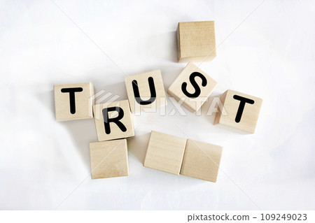 Trust is the word written on wooden blocks. White background. Business concept for your design 109249023