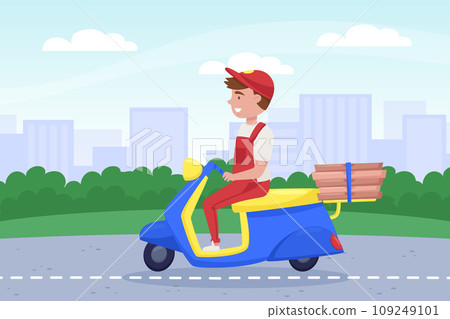 Food Delivery Service with Man Courier Drive Vehicle by the Road Vector Illustration 109249101