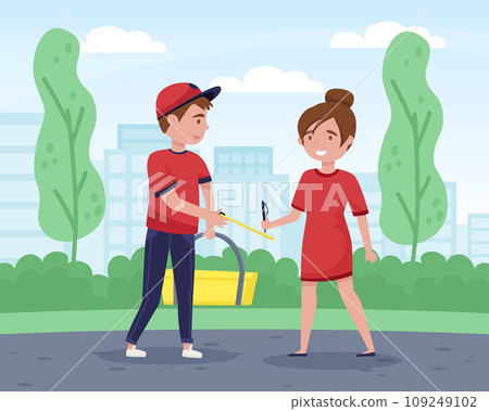 Food Delivery Service with Man Courier Stand with Woman Consumer Vector Illustration 109249102