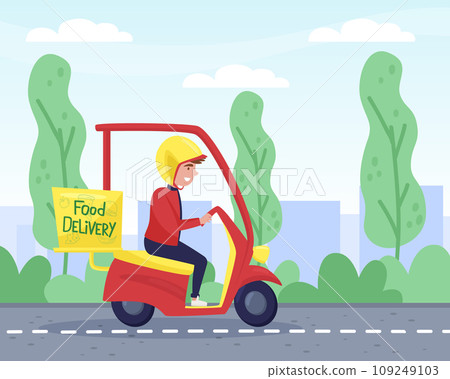 Food Delivery Service with Man Courier Drive Vehicle by the Road Vector Illustration 109249103