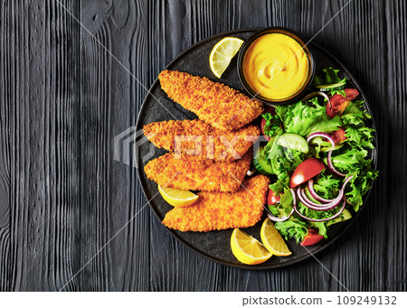 breaded fish fillet with salad on black plate breaded fish fillet with salad on black plate 109249132