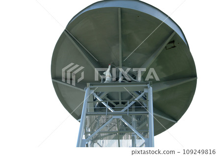 Worker paints a metal frame at construction site. Water tower repair and painting. Isolated on white background. Worker paints a metal frame at construction site. Water tower repair and painting. Isolated on white background. 109249816