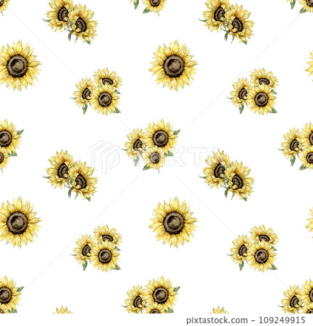 seamless pattern with sunflowers bouquet watercolor hand painted. Yellow flowers composition. Hand painted isolated on white background. Floral illustration for summer or autumn natural plant twigs 109249915
