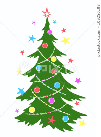 Christmas Fir tree with garlands, toys and stars in simple flat style on white background. 109250198