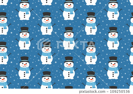 Cute Vector Snowman Seamless Pattern. Falling Snowflakes on Blue Background. Christmas and New Year Design 109250536