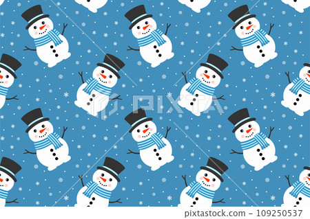 Cute Vector Snowman Seamless Pattern. Falling Snowflakes on Blue Background. Christmas and New Year Design 109250537