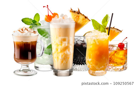 Set and collection of classic alcohol cocktails or mocktail isolated on white background with fresh summer fruits Set and collection of classic alcohol cocktails or mocktail isolated on white background with fresh summer fruits 109250567