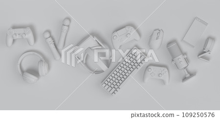 Top view gamer gears like joystick, keyboard, headphones and microphone Top view gamer gears like joystick, keyboard, headphones and microphone 109250576