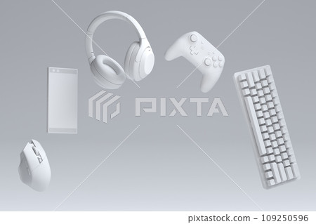 Top view gamer gears like joystick, keyboard, headphones and microphone 109250596