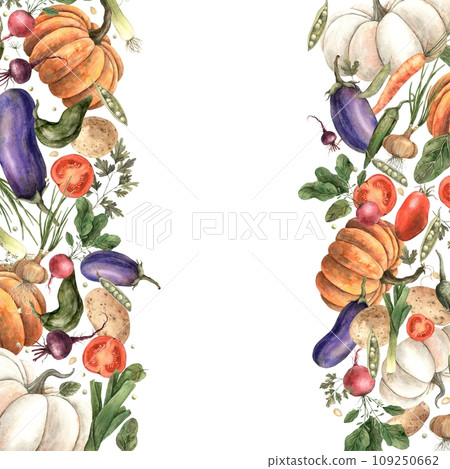 Watercolor frame from a set of vegetables: pumpkin, eggplant, onions, beets, peppers, radishes, dill, carrots, peas, potatoes, parsley, spinach, watercolor. Template, large composition for design, Watercolor frame from a set of vegetables: pumpkin, eggplant, onions, beets, peppers, radishes, dill, carrots, peas, potatoes, parsley, spinach, watercolor. Template, large composition for design, 109250662