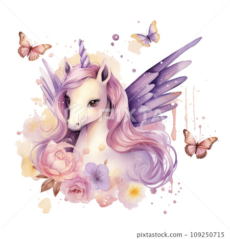 unicorn with diamonds, is surrounded by other watercolor 109250715