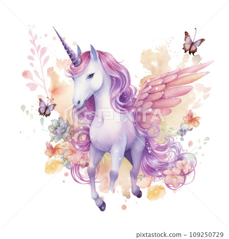 unicorn with diamonds, is surrounded by other watercolor 109250729
