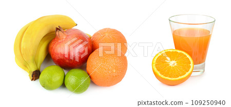 Set of citrus fruits and fruit juice in a glass isolated on a white. Collage. Wide photo. Set of citrus fruits and fruit juice in a glass isolated on a white. Collage. Wide photo. 109250940