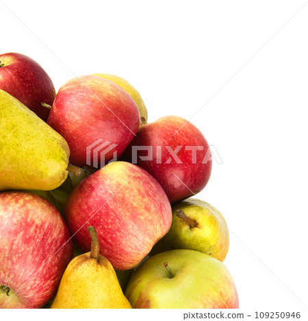 Apples and pears isolated on a white . Free space for text. 109250946