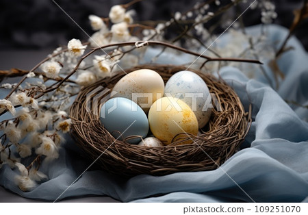 two white and two blue eggs rest in a basket beside 109251070
