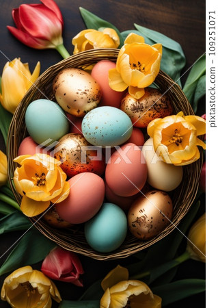 easter basket with colorful eggs and tulips, easter basket with colorful eggs and tulips, 109251071