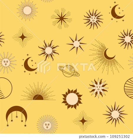 Magic seamless pattern with constellations, sun, moon, magic eyes, clouds and stars. Mystical esoteric Magic seamless pattern with constellations, sun, moon, magic eyes, clouds and stars. Mystical esoteric 109251302