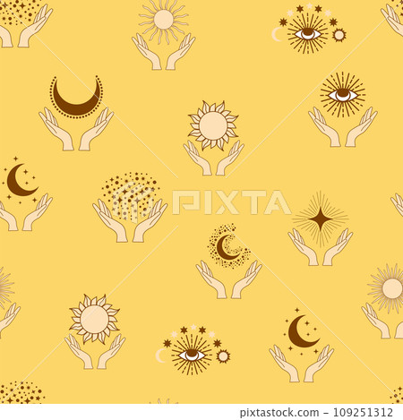 Magic seamless pattern with constellations, sun, moon, magic eyes, clouds and stars. Mystical esoteric Magic seamless pattern with constellations, sun, moon, magic eyes, clouds and stars. Mystical esoteric 109251312