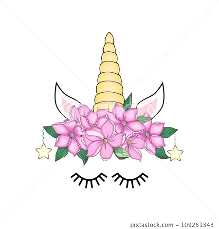 Cute unicorn head with flower crown. Cute unicorn head with flower crown. 109251343