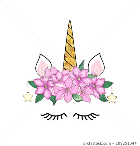 Cute unicorn head with flower crown. Cute unicorn head with flower crown. 109251344