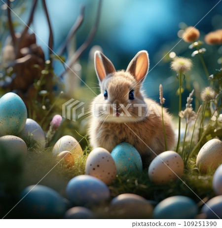 easter bunny and eggs in the grass, 109251390