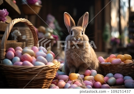 a brown rabbit is sitting near baskets and other easter colored eggs, 109251437