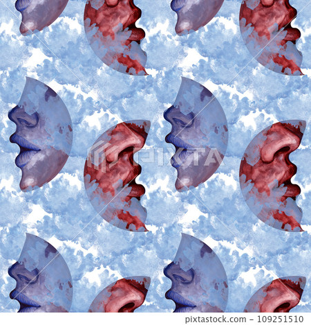 Seamless pattern of watercolor moon and crescents with the outlines of a kiss between two lovers in different colors. Hand drawn illustration for Valentine's Day, wedding, engagement day 109251510