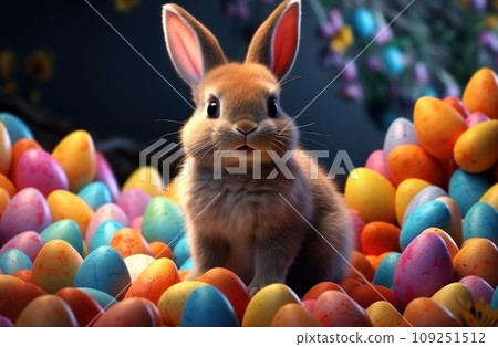 the little bunny is sitting among many coloured eggs, 109251512