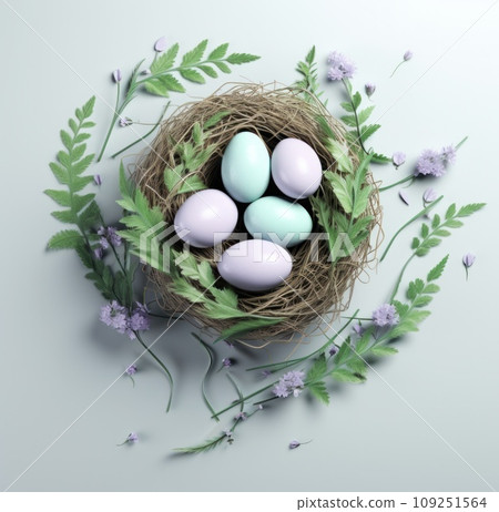 easter eggs in a nest on a concrete background, easter eggs in a nest on a concrete background, 109251564