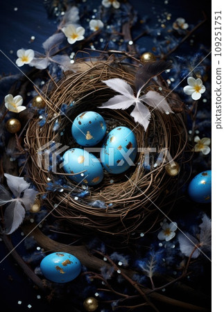 easter egg laying in a nest on a dark wooden background easter egg laying in a nest on a dark wooden background 109251751