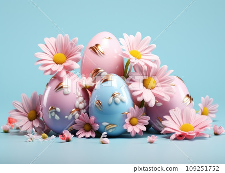 several colorful easter eggs on blue background with flowers 109251752