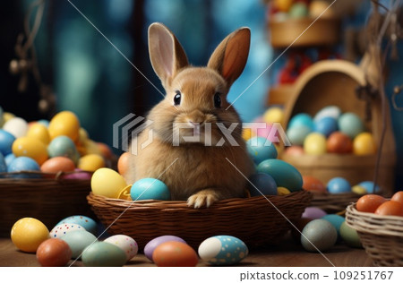 rabbit sitting near easter baskets with easter eggs, 109251767