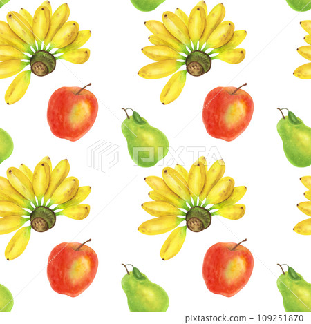 Seamless pattern with bunch of yellow bananas, red apples, green pears. Harvest elements for holiday Thanksgiving, Kwanzaa. Hand drawn watercolor illustration isolated background. 109251870