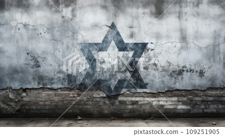 Star of David painted on old building wall, Jewish symbol of Israel on street. Concept of Israeli Palestinian war, occupation, background, texture, grunge, protest, Judaism 109251905