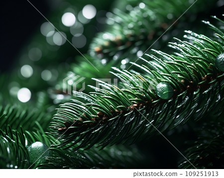 AI Generated macro close up of Christmas tree branch with decorations. 109251913