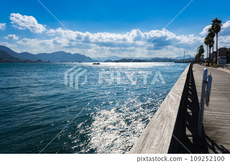 Shimonoseki City, Yamaguchi Prefecture, Karato Market Wooden Deck Promenade and Kanmon Strait 109252100