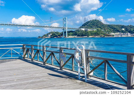 Shimonoseki City, Yamaguchi Prefecture, Karato Market Wooden Deck Promenade and Kanmon Strait 109252104