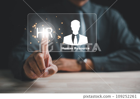 Modern HR Touchpoints, A businessman interacts with a virtual interface, highlighting the integration of technology in employee recruitment and career development. Embracing the power of digital touch 109252261
