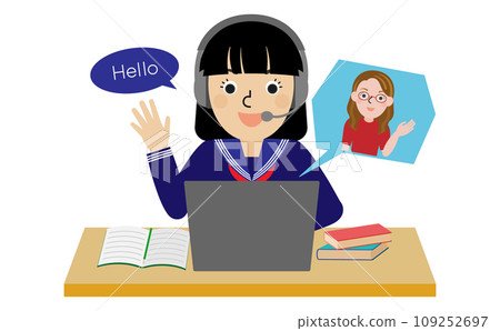 身穿水手服、戴著耳機與母語教練進行線上英語對話的女中學生和高中生的前視圖 身穿水手服、戴著耳機與母語教練進行線上英語對話的女中學生和高中生的前視圖 109252697
