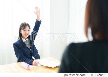 Girl raising her hand in the classroom 109252846