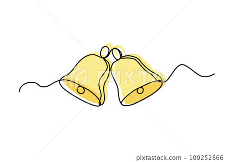 Two golden coloured jingle bells, line art winter holidays design element, continuous line vector Two golden coloured jingle bells, line art winter holidays design element, continuous line vector 109252866