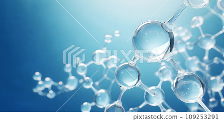 彩色3D透明分子和原子在藍色背景中（3D CG 渲染數位插圖） 109253291