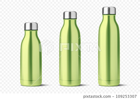 Vector Realistic 3d Green Blank Glossy Metal Reusable Water Bottle Icon Set with Silver Bung Closeup Isolated on White Background. Design Template of Packaging Mockup. Front View 109253307