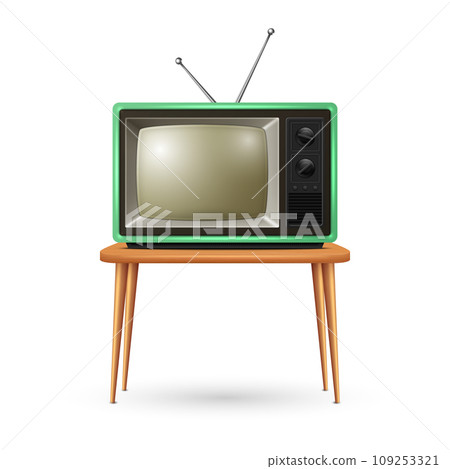 Vector Realistic Retro TV Receiver Isolated on White Background. Home Interior Design Concept. Vintage TV Set in Front View. Television Concept 109253321