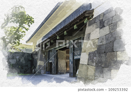 水彩畫風格，東京皇居外苑，東京千代田區田安門 109253392