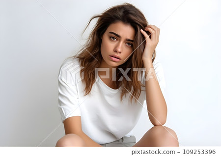 Tired woman white background 2 AI generated image 109253396