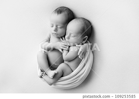 Tiny newborn twins boys in white cocoons on a white background. A newborn twin sleeps next to his brother. Newborn two twins boys hugging each other. Professional studio photography. Black and white 109253585